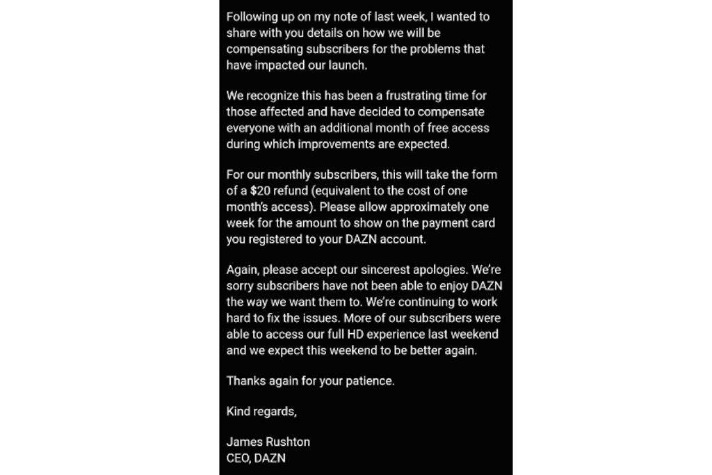 Dazn to refund customers after streaming issues Dazn to refund customers after streaming issues
