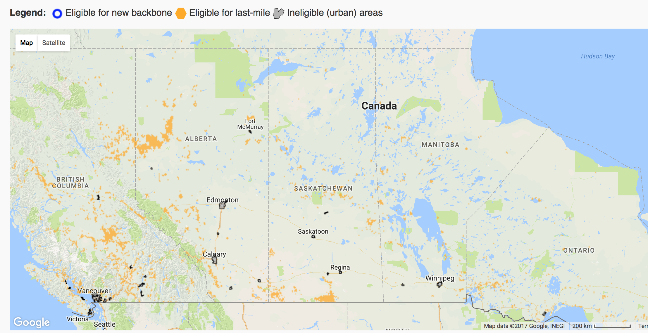 For ‘acceptable’ internet, look beyond speed, House study told A section of a map from Innovation Canada showing areas eligible for funding under its Connect to Innovate program./ Screenshot via ISED.