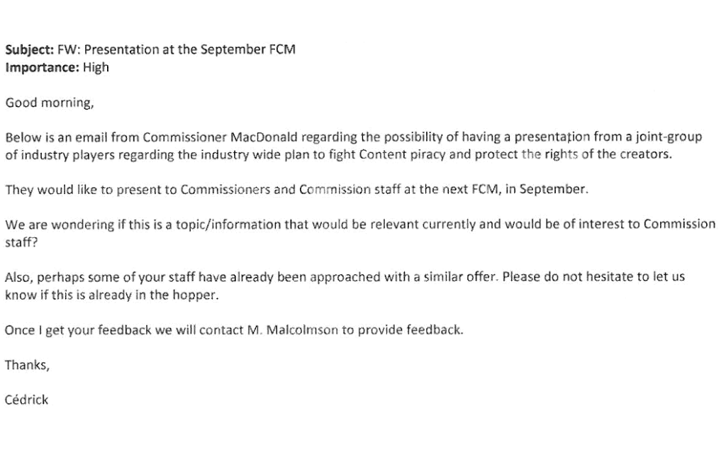 FairPlay meeting with legal staff, not commissioners: CRTC FairPlay meeting with legal staff, not commissioners: CRTC